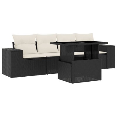 vidaXL 5 Piece Patio Sofa Set with Cushions Black and Cream Poly Rattan - without storage