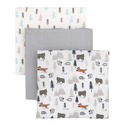 Image of Carter's Woodland Friends Gray and White Tree Bear Squirrel 100% Cotton 3 Pack Muslin Swaddle Blankets