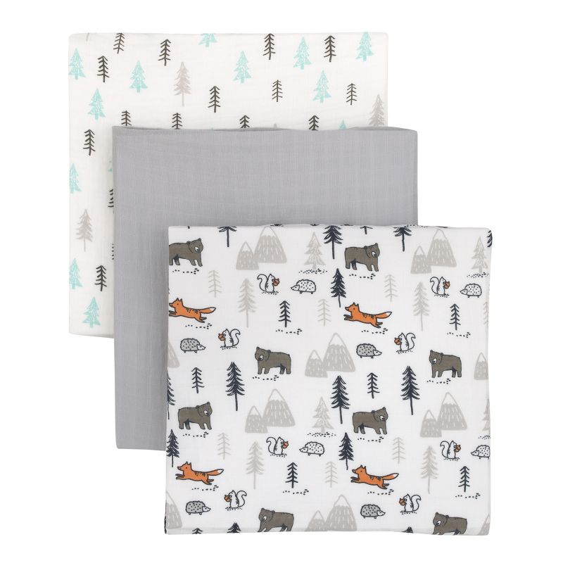Carter's Woodland Friends Gray and White Tree Bear Squirrel 100% Cotton 3 Pack Muslin Swaddle Blankets, 1 of 6