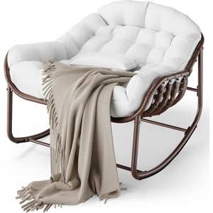 Outdoor Papasan Rocking Chair, Oversized Wicker Lounge Chair with Cushion and Metal Frame, for Balcony Backyard Porch Bedroom, White - 1 of 4