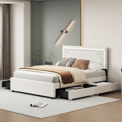 White queen bed frame deals with storage and headboard