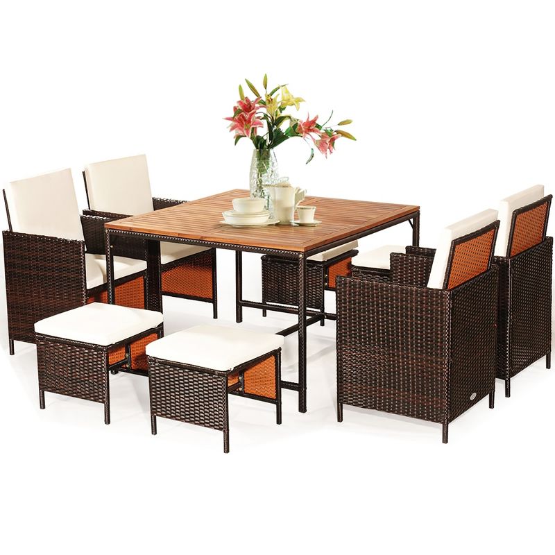 Costway 9PCS Patio Rattan Dining Set Cushioned Chairs Ottoman Wood Table Top White\Red, 2 of 13