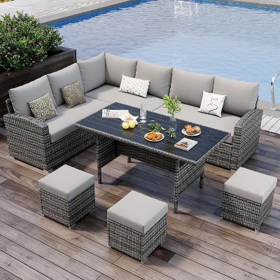 7 Pieces Outdoor Dining Set, All-Weather Rattan Sectional Sofa & Chairs, Patio Conversation Set for Poolside, Garden, Porch