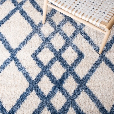 Ivory and Blue Geometric Shag Area Rug, 5'3" x 7'6"