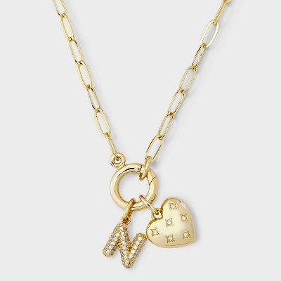 14K Gold Dipped Cubic Zirconia Puffy Heart Charm Initial Necklace - A New Day™ Gold