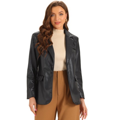Allegra K Women's Faux Leather Long Sleeve Lapel Collar PU Moto Biker Jacket Large Black