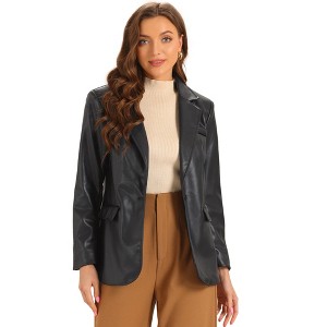 Allegra K Women's Faux Leather Long Sleeve Lapel Collar PU Moto Biker Jacket - 1 of 4