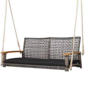 Tangkula Rattan Patio Porch Swing 2-Person Cushioned Swing Chair Bench
