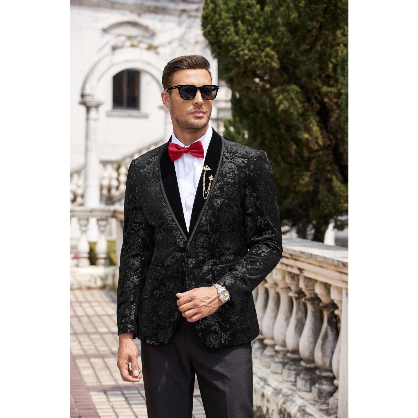 Мужской пиджак COOFANDY Red Suits Jacket Velvet Blazer Red Valentine' s Day Wedding Smoking Jacket A_black, цвет: Красный — фото 2