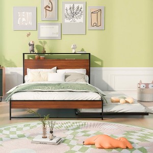 MAYEERTY Full Size Metal Platform Bed Frame, Trundle USB Ports Slat Support, Bedroom, Black - 1 of 4