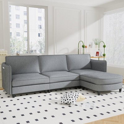 107.8'' Large Size 3 Seater Sofa Couch, L-Shaped Sofas with Movable Ottoman, Arm with Pockets,Modern Polyester Couches for Living Room