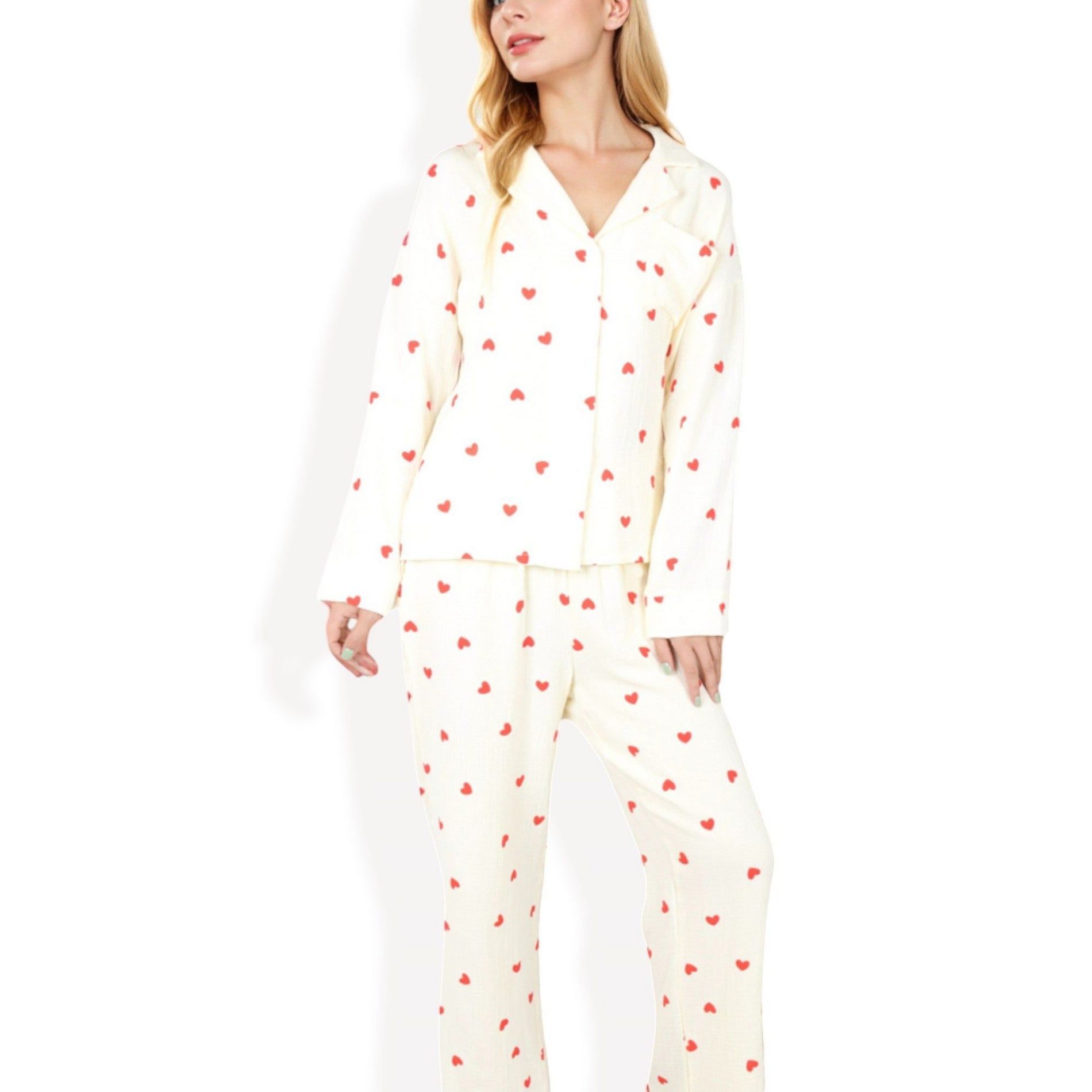Anna-Kaci Lounge Women's Button-Up Pajama Set with Heart Print and Notched Collar
