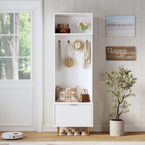 4-in-1 Entryway Bench with Shoe Storage & Coat Rack, 74" Hall Tree Organizer w/ 4 Gold Hooks, Cabinet & Farmhouse Design for Small Spaces - 1 of 4
