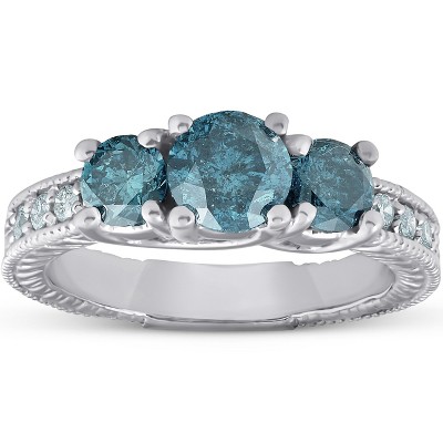 Pompeii3 1 1/2 Ct Three Stone Vintage Blue Diamond Engagement Ring 14k White Gold Antique