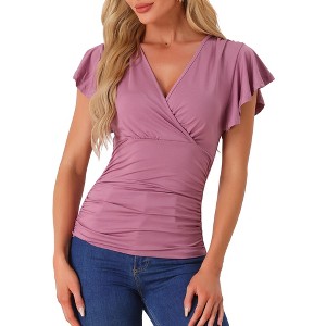 Allegra K Women's Summer V Neck Ruffle Sleeve Casual Faux Wrap Blouse - 1 of 4