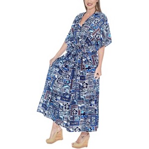 LA LEELA Women's House Daily Routine Evening Wear Vacation Holiday Casual Loungewear Loose Slit Dress Caftan Long Boho Night Shirts 2X-3X Blue, Tree - 1 of 4