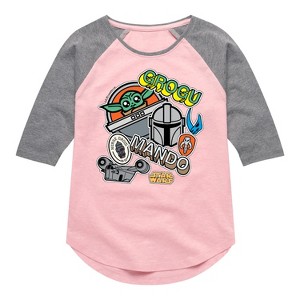 Girls' - The Mandalorian - Mando Grogu Stickers Shirt Tail Raglan Graphic T-shirt - 1 of 4