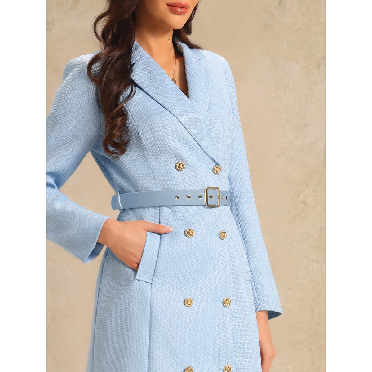 Женские платья INSPIRE CHIC Women's Tweed Double Breasted Long Sleeve Blazer Dress with Belt Sky Blue Large — фото 4