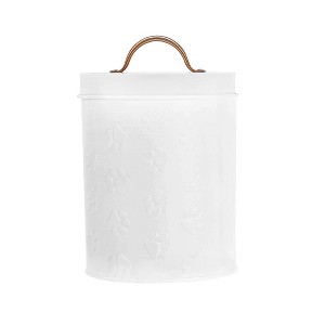 Amici Pet Small White Metal Canister (8" H x 5.5" L) - Airtight Gasket Lid & Handle, Embossed with Puppy Paws - Decorative Pet Food Storage Jar, 64 Oz - 1 of 4