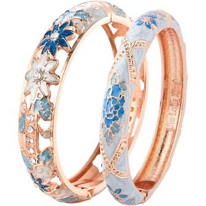 Vintage Cloisonne Enamel Rhinestone Rose Hinged Cuff Bracelet Bangle Set for Women - 1 of 4