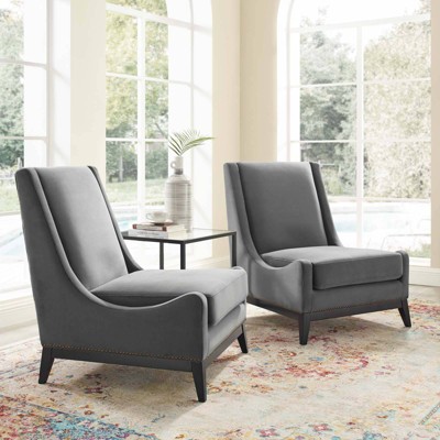 Set of 2 Confident Lounge Chairs: Nailhead Trim, Splayed Wood Legs, Removable Cushion - Modway