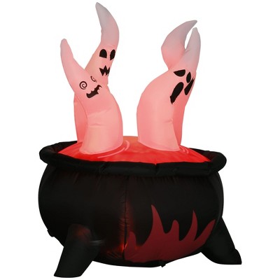 Outsunny 49.25" Inflatable Halloween White Ghosts in Red Cauldron, Blow-Up LED Display Indoor Outdoor for Garden, Lawn, Party, Holiday