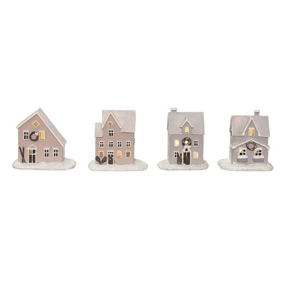 Transpac Light Up Resin Nordic Cabin Figurine Set of 4 Christmas Home Decorations