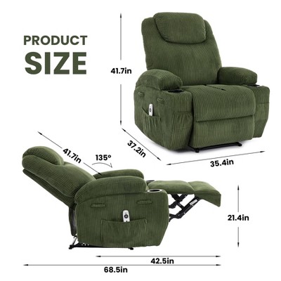 Product size diagram with dimensions of recliner: height, width, depth