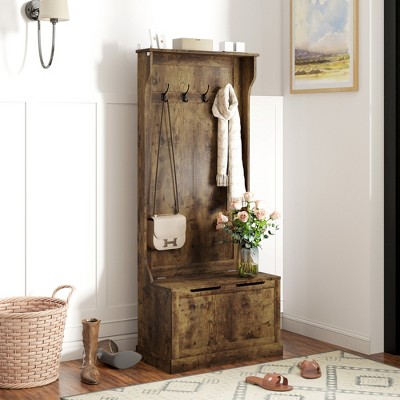 Rustic Brown Wood Hall Tree with Storage Bench and Coat Rack