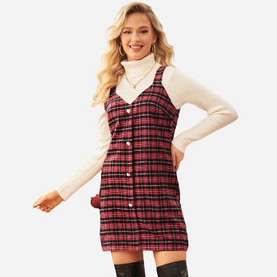Women's Festive Plaid Pinafore Dress Christmas Party Overall Mini Dress - Cupshe