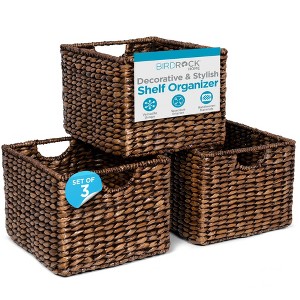 BIRDROCK HOME Storage Shelf Baskets - Handwoven Abaca Seagrass Wicker with Handles for Pantry, Living Room, Office & Bathroom - Set of 3, Brown - 1 of 4