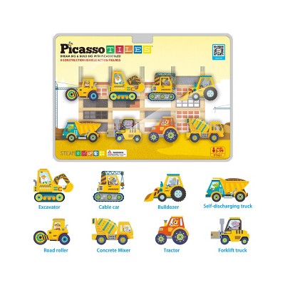 PICASSO-TILES 8 Pc Construction Truck Vehicle Set for Magnetic Tiles Building Blocks, Toy for Kids