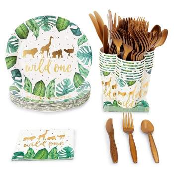Sparkle and Bash 144 Piece Wild One Party Supplies for First Birthday Decorations, Jungle Safari Theme with Plates, Napkins, Cups, Cutlery (Serves 24)
