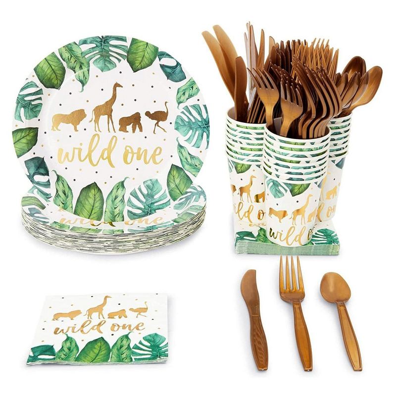 Sparkle and Bash 144 Piece Wild One Party Supplies for First Birthday Decorations, Jungle Safari Theme with Plates, Napkins, Cups, Cutlery (Serves 24), 1 of 9