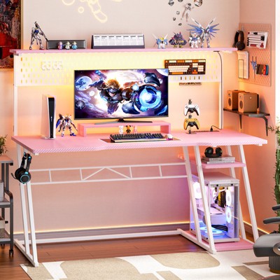 Aheaplus Gaming Desk with Hutch and LED Lights, Computer Table with Storage Shelves