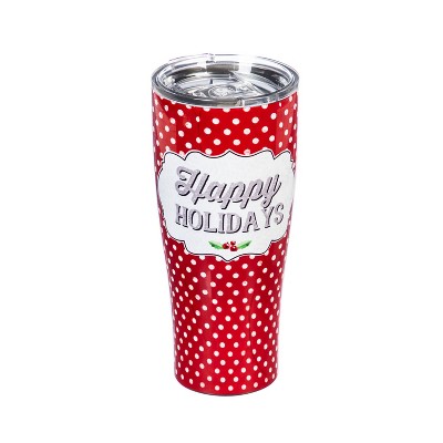 Evergreen Cypress Home Double Wall  Stainless Steel Cup 17oz. Happy Holidays with Dots