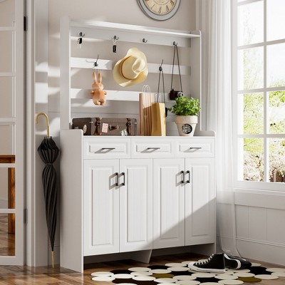 Shoe Cabinet Storage for Entryway, Sturdy Freestanding Shoe Organizer with Four-Door, Tall Shoes Cabinet with Coat Rack