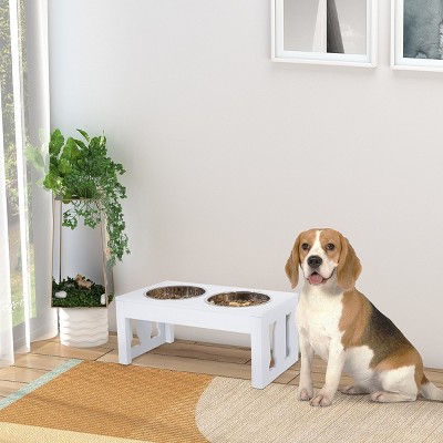 23" Elevated Dog Bowl Stand for Large Dogs,Raised Pet Feeder with 2 Stainless Steel Bowls,Decorative Wooden Bone Design Feeding Station–LAOTIES