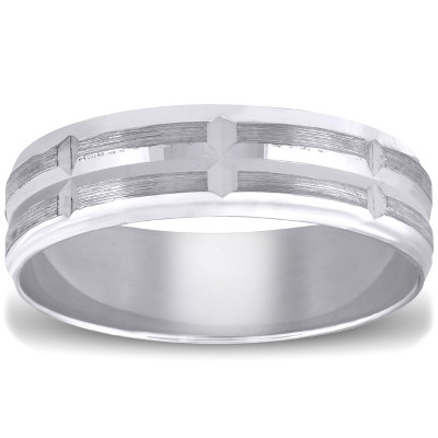 Pompeii3 Mens 10k White Gold Ring Brushed Hand Carved Wedding Band