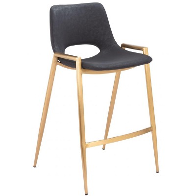 Faux Leather Counter Stool 35.6" H Black With Gold Electroplated Steel Frame and Armrests by Zuo Modern (Set of 2)