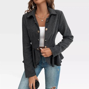 Womens Blazer Herringbone Collarless Notched Peplum Waist Suit Jakcets Tiny Stripes Faux Double Breasted Open Front Draped Blazer for Office - 1 of 4