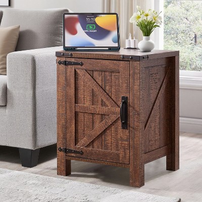 OKD Nightstand with Charging Station, Farmhouse End Table w/Barn Door