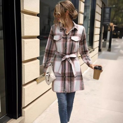 Coolmee Women Fashionable Striped Plaid Button Down Lapel V Neck Long Sleeve Wrap Mini Dress With Belt
