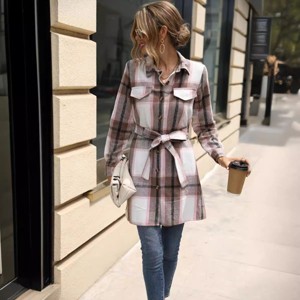Coolmee Women Fashionable Striped Plaid Button Down Lapel V Neck Long Sleeve Wrap Mini Dress With Belt - 1 of 4