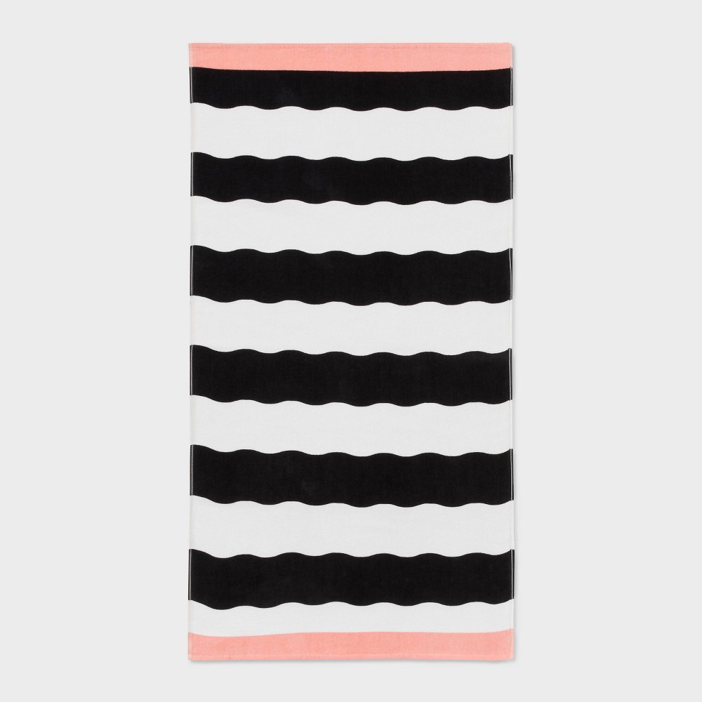 Photos - Towel Wavy Stripe Beach  Black/White - Sun Squad™