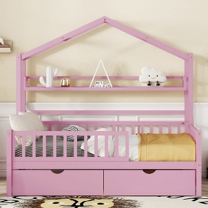 Full/Twin Size Platform Bed With 2 Drawers, Storage Shelf, Guardrail, Pine Frame Twin Size House Bed, No Box Spring Required - 1 of 4