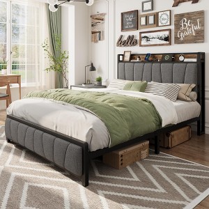 Bed Frame with 2 Storage Drawers, Linen Upholstered Platform Bed Frame with Storage Headboard and Charging Station, Heavy Duty, Gray - 1 of 4