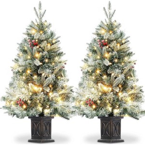 2Pcs 3ft LED Prelit Artificial Christmas Tree,Snow Flocked Xmas Tree,Potted Christmas Tree with 78 Warm White Lights&Vintage Pot Base,Xmas Decoration - 1 of 4
