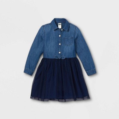 OshKosh B'gosh Toddler Girls' Chambray Tulle Long Sleeve Dress - Navy 2T