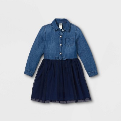 OshKosh B'gosh Toddler Girls' Chambray Tulle Long Sleeve Dress - Navy 3T